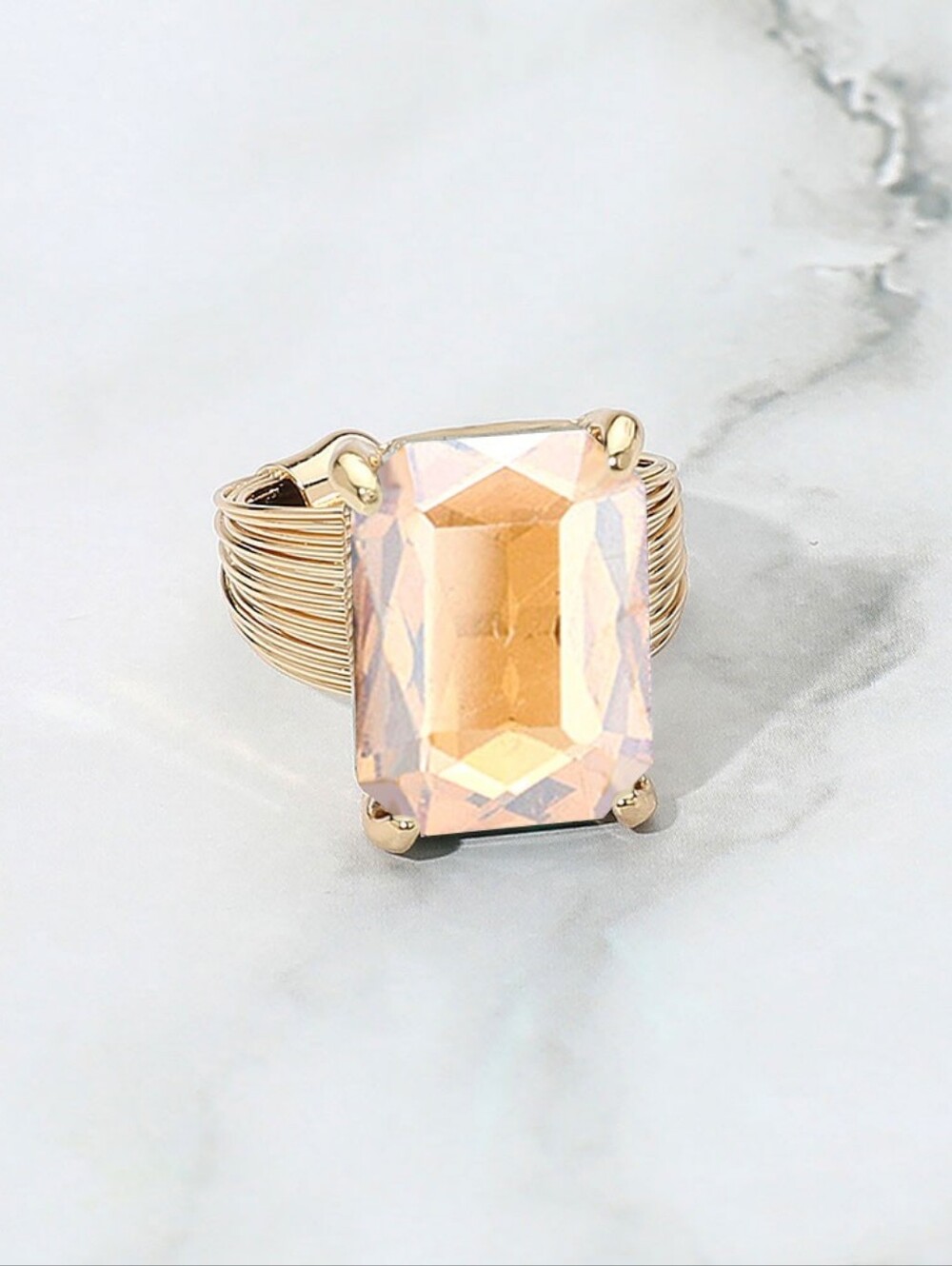 Gold Topaz Emerald Cut Crystal Adjustable Ring Fashion Statement Jewelry
